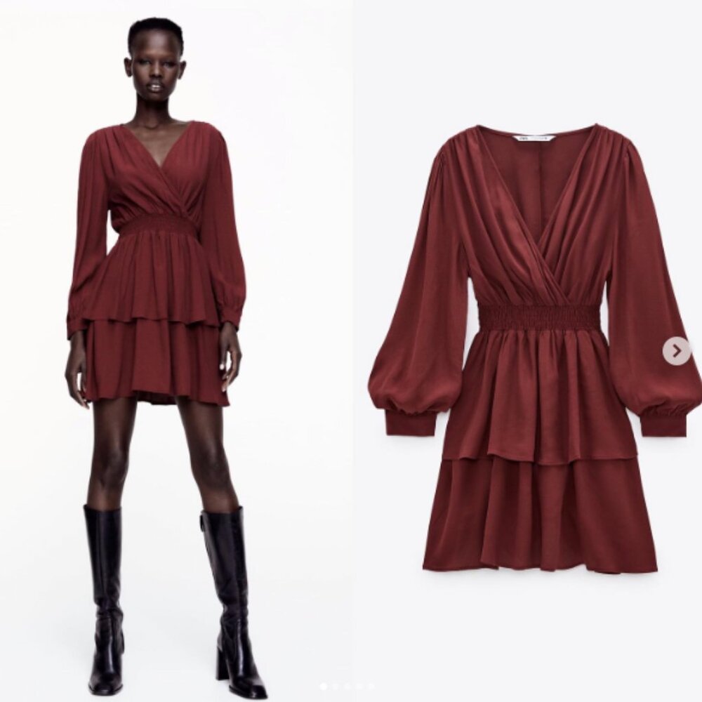 ZARA RUFFLED FLOUNCED HEM DRESS -  WINE RED COLOUR - SIZE XS